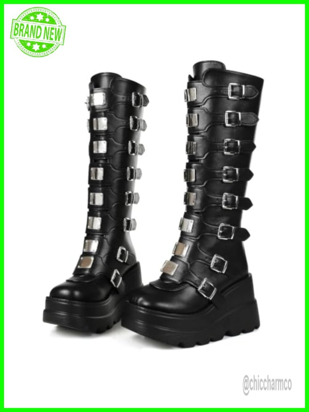 Womens Goth Platform Knee High Boots Wedge Punk Combat Buckle Faux Leather